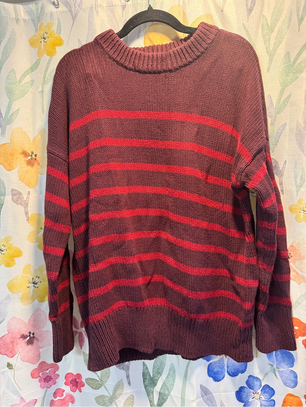 LOFT Burgundy Crewneck Sweater with Red Stripes